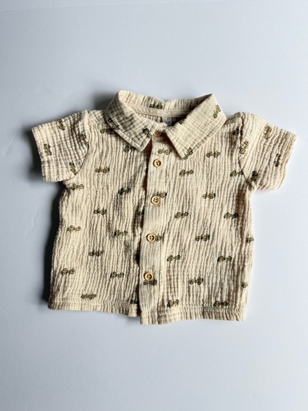 Chickpea Baby Cream Button-Front Shirt with Green Tractor Print